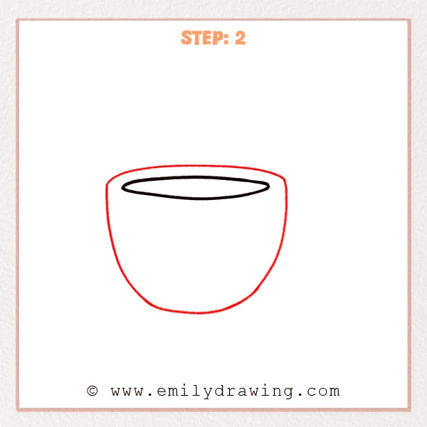 how to draw a coffee cup - A coffee cup outline appears, with an inner oval rim and rounded cup body shape.